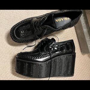 PRADA Prada Women's Woven Leather Platform-Wedge Derby Loafers - Nero